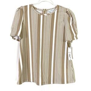 Liz Claiborne | Short Puff Sleeve Top Beige White Stripe NWT Womens